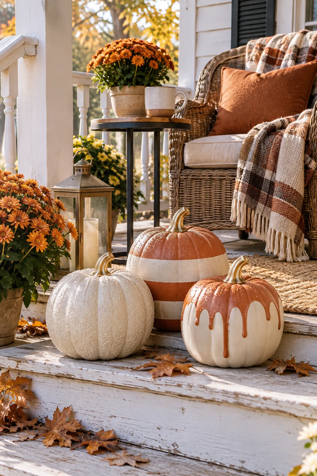Three painted pumpkins sitting outside on steps, covered in light morning dew.