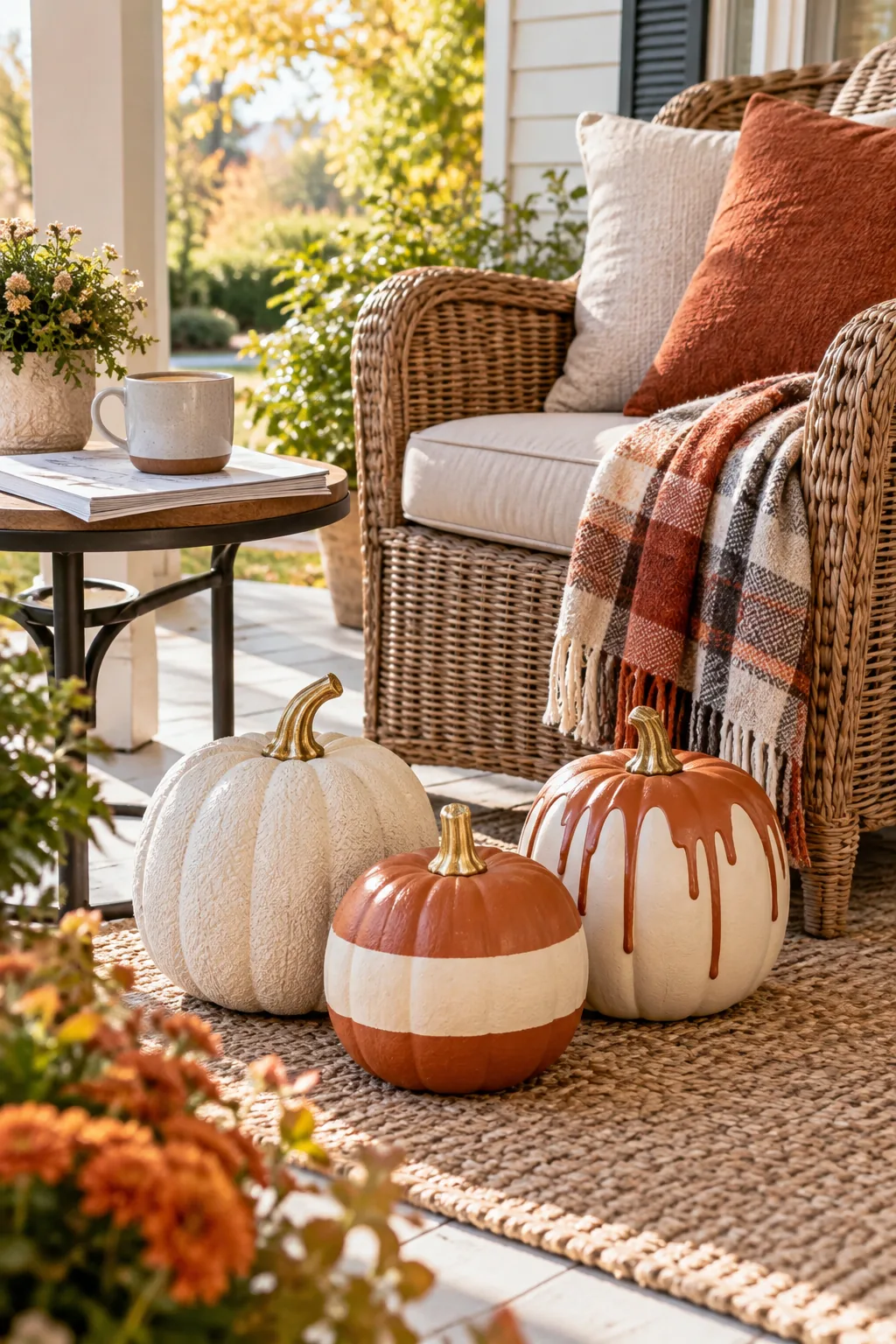 Painted pumpkins beside a porch chair, with a printed schedule on a side table.