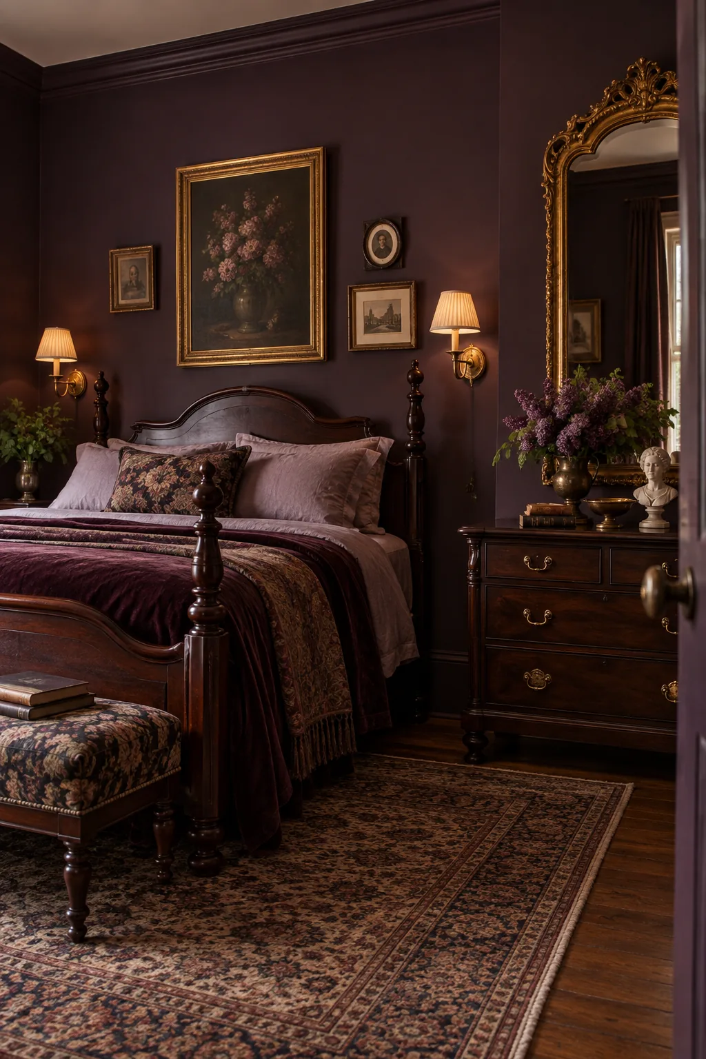 A guest bedroom with dark aubergine walls, antique brass sconces, and an ornate gold mirror.
