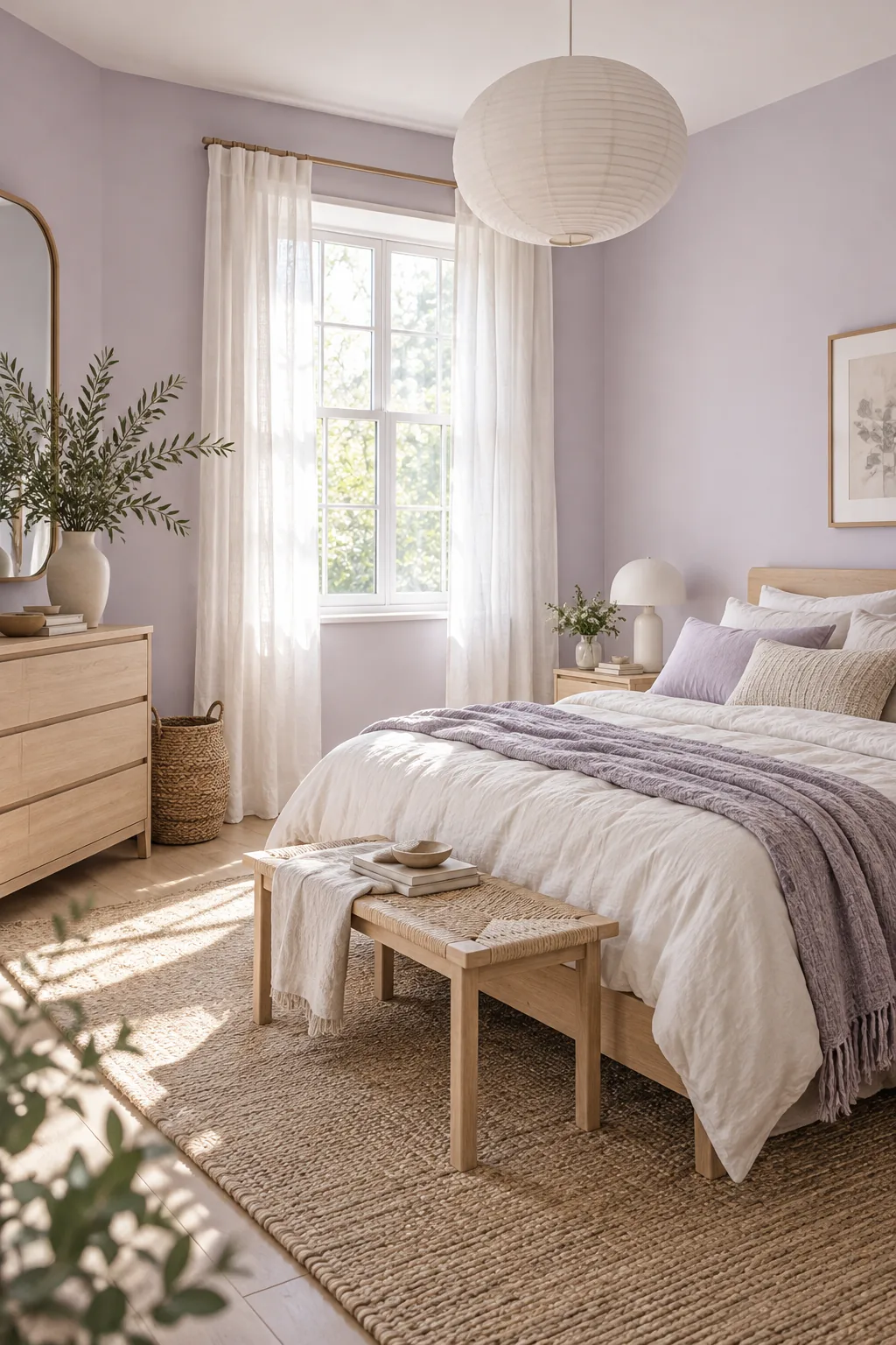 A minimalist primary bedroom with pale lilac walls, birch wood furniture, and white linen curtains.