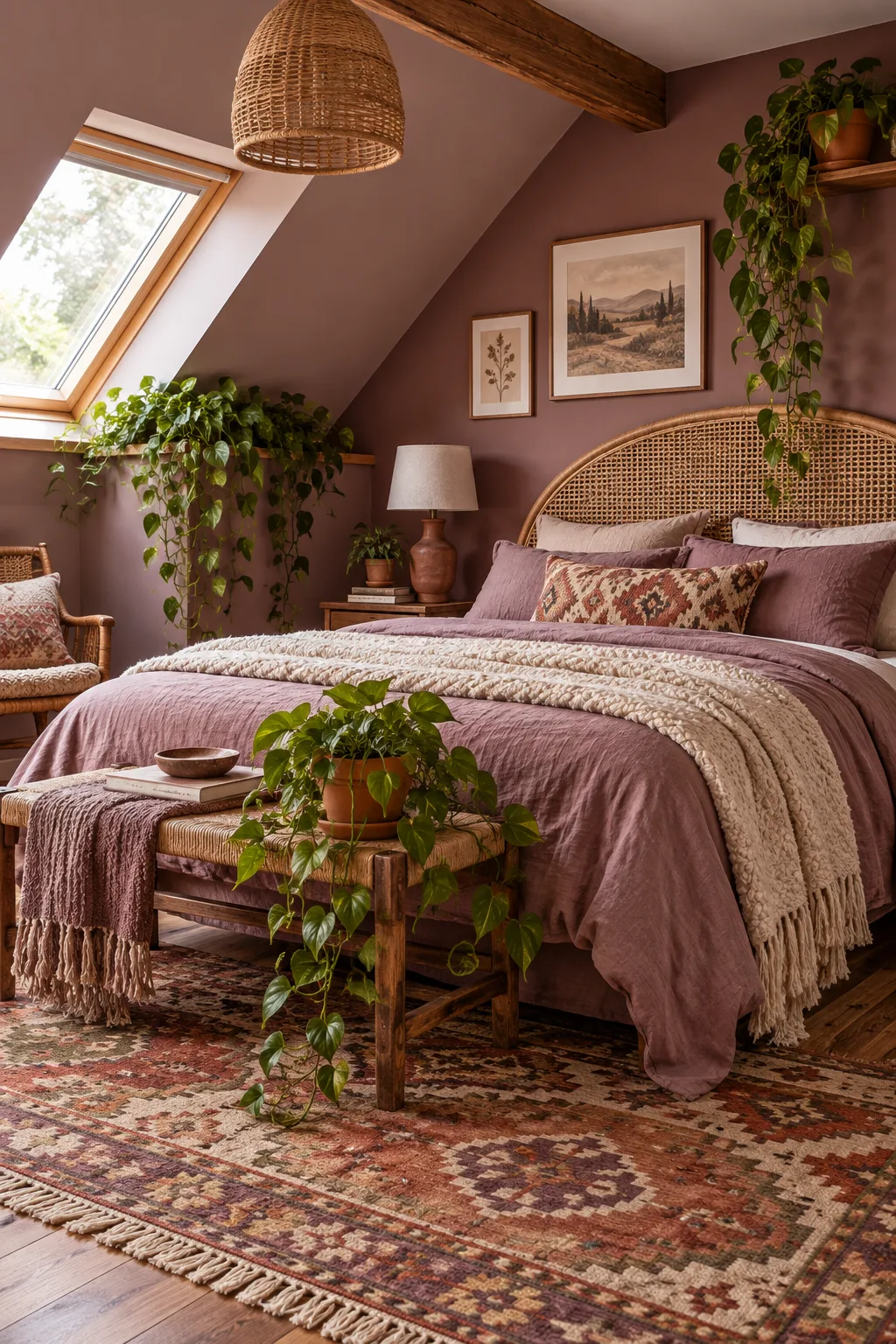An attic bedroom with dusty mauve walls, a rattan headboard, and terracotta planters.
