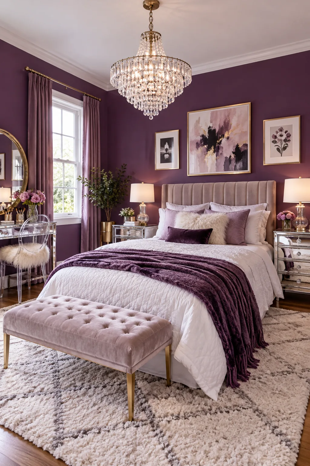 A teen bedroom with vibrant amethyst walls, mirrored nightstands, and a crystal chandelier.