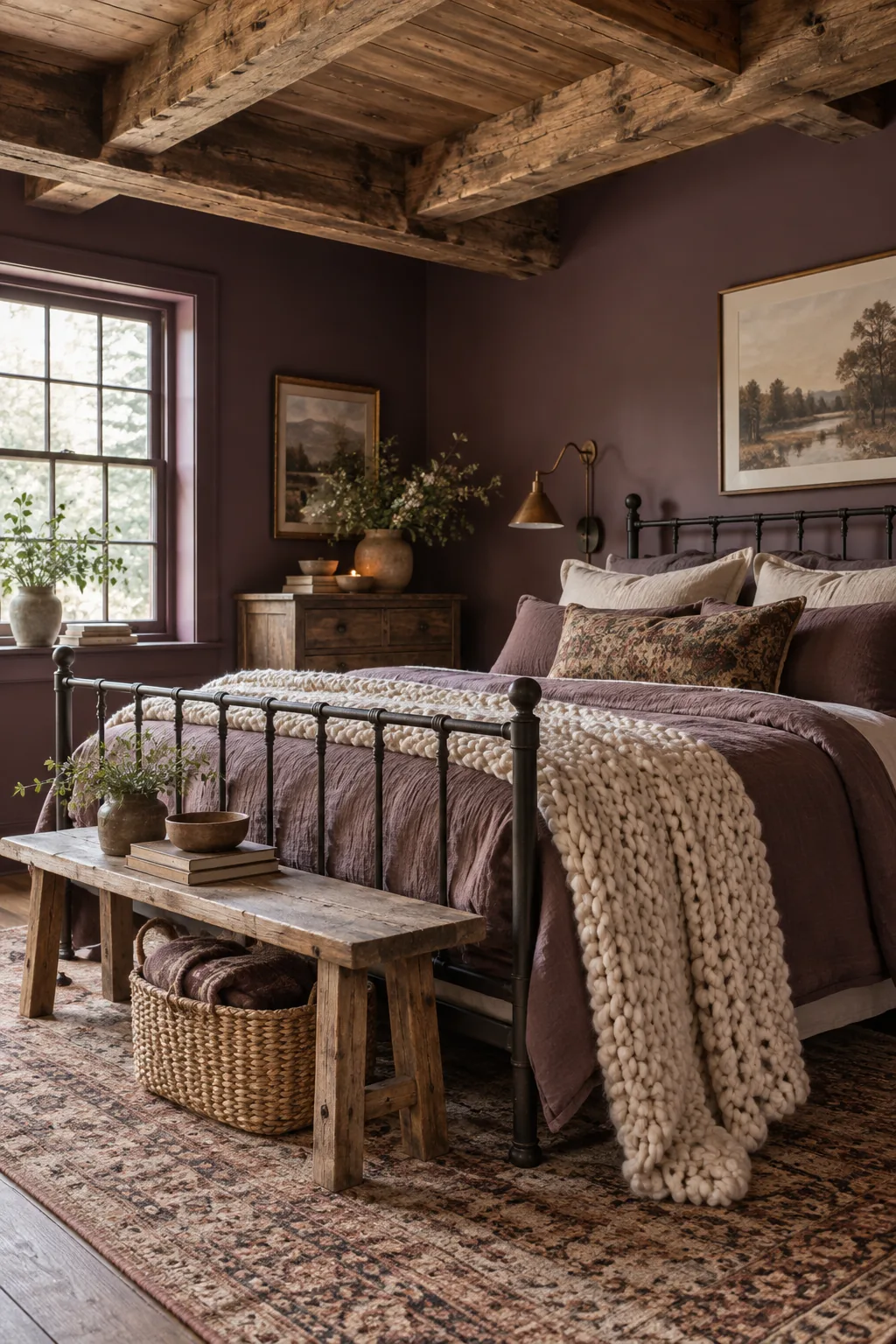 A cabin bedroom with muted blackberry walls, reclaimed oak beams, and a wrought iron bed.