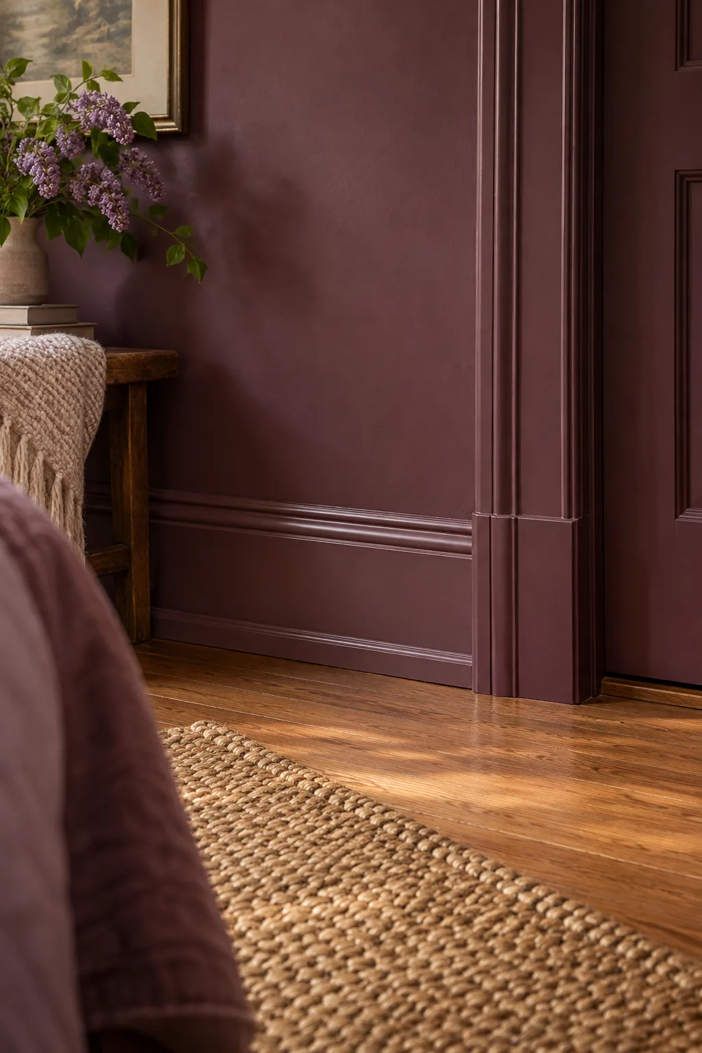 An overhead view of a wooden nightstand with a brass alarm clock, coffee cup, and lilacs against a plum wall.