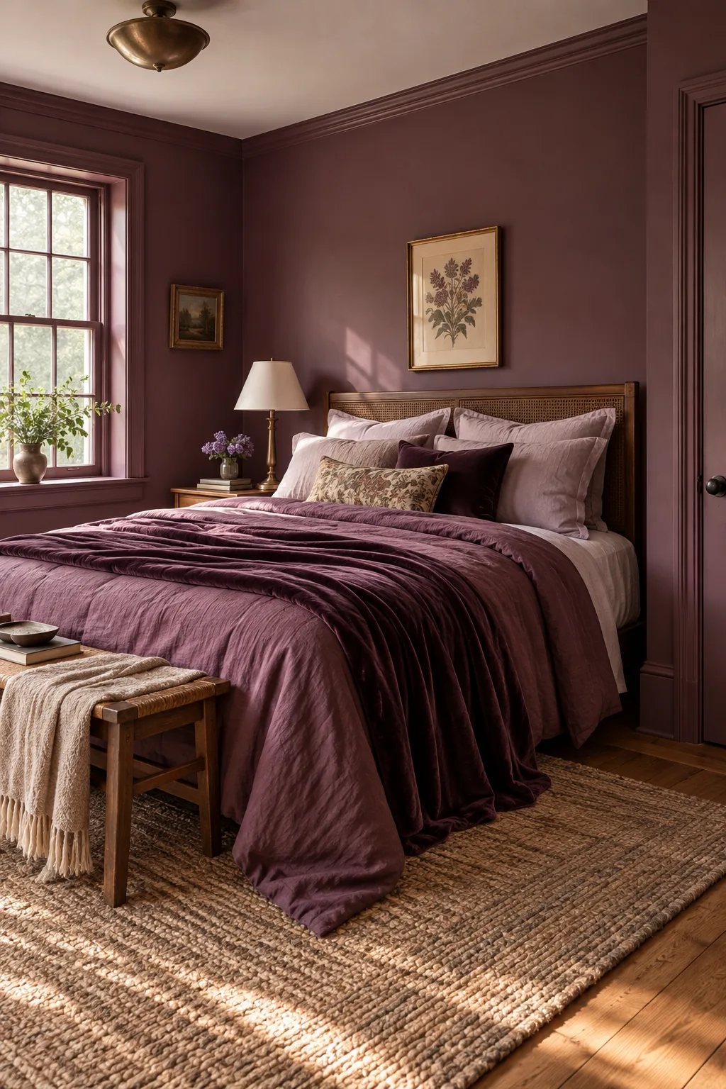 A close-up of a bedroom baseboard and door casing painted in the same plum color as the wall.