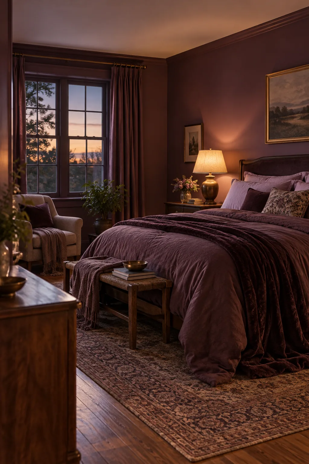 A bed layered with lilac pillowcases, a plum duvet, and an aubergine throw blanket against a plum wall.