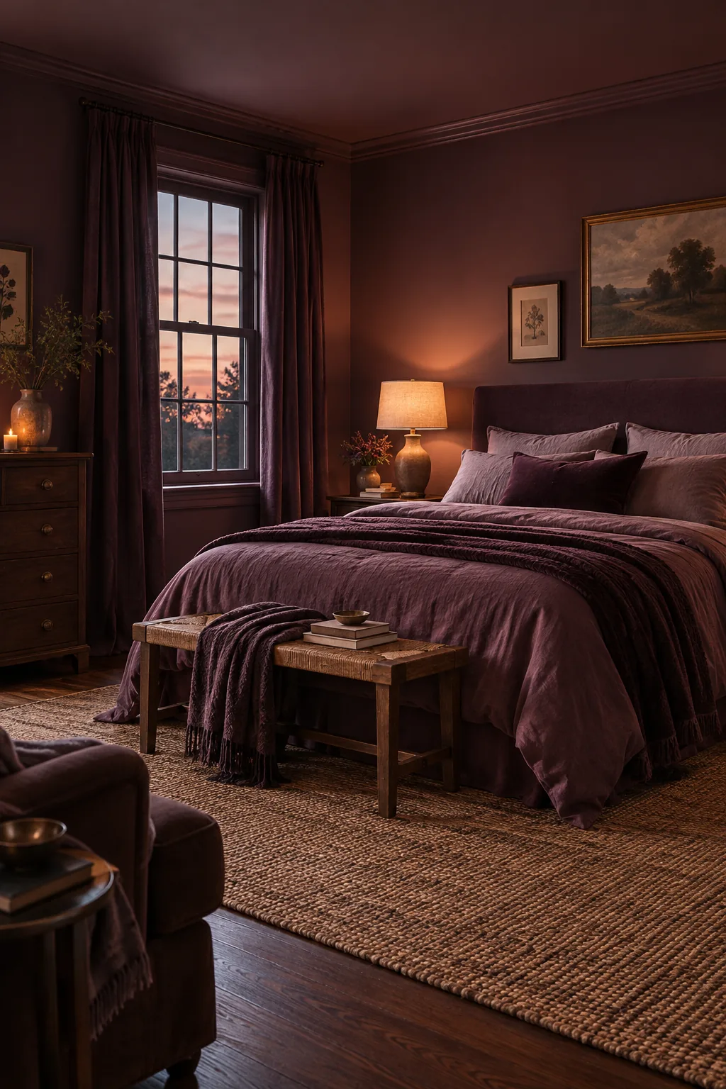 A wide view of a finished plum bedroom at dusk, illuminated by a warm bedside lamp.