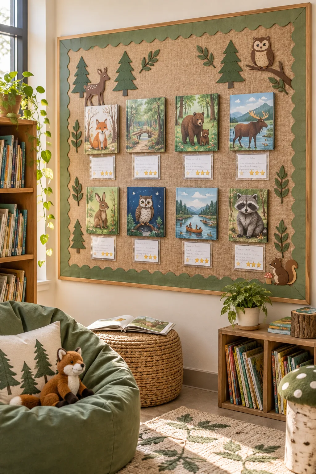 A nature-themed reading bulletin board with a burlap backdrop and sage green borders.