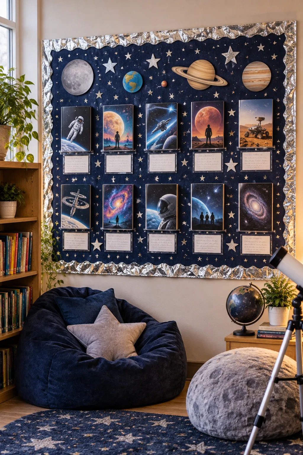 A space-themed reading bulletin board with a starry navy backdrop and silver foil borders.