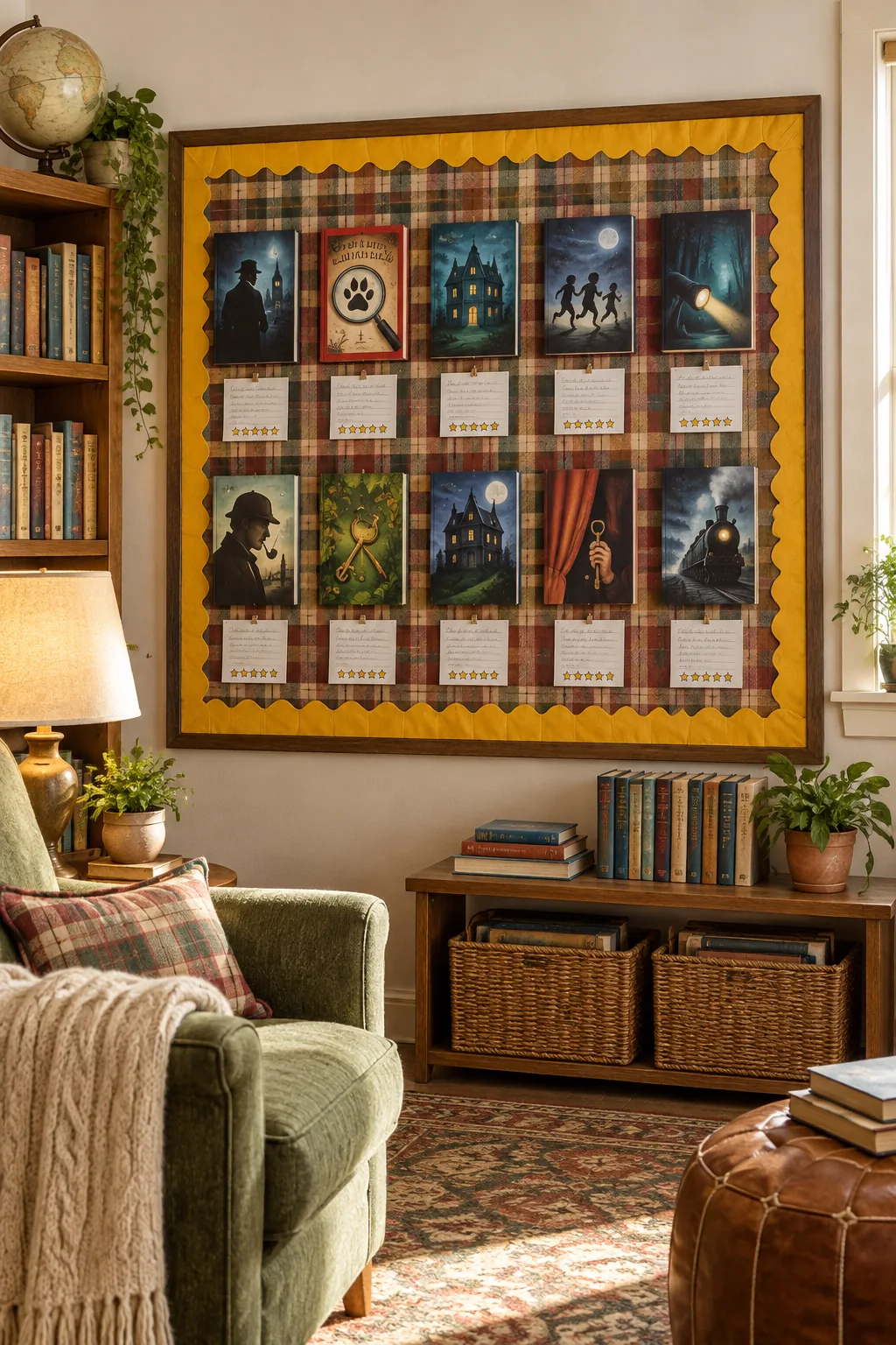 A cozy reading bulletin board with a plaid fabric backdrop and mustard yellow borders.