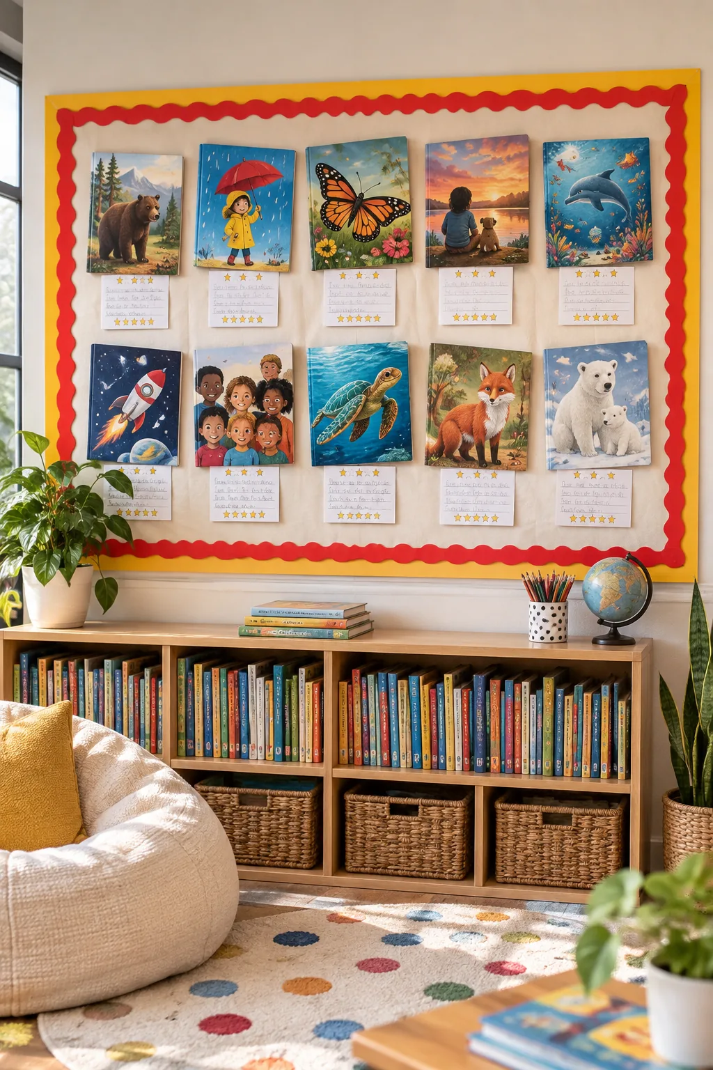 A row of colorful children's book dust jackets pinned to a bulletin board.