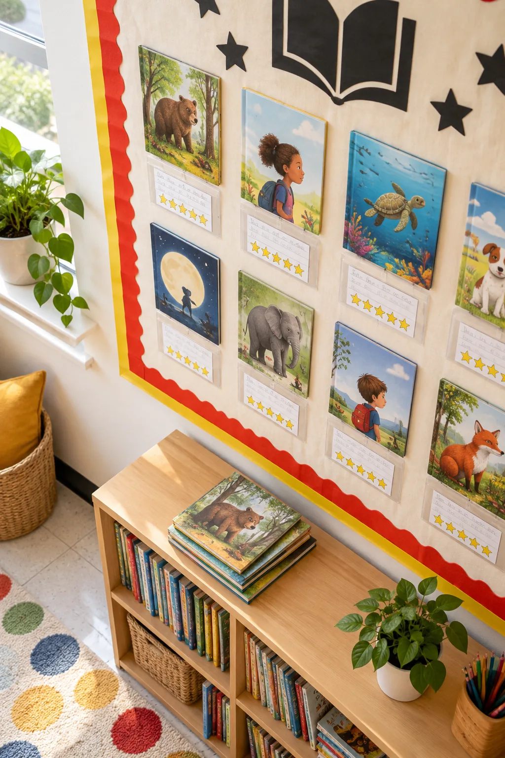 Clear plastic sleeves on a bulletin board holding handwritten student book reviews with star ratings.