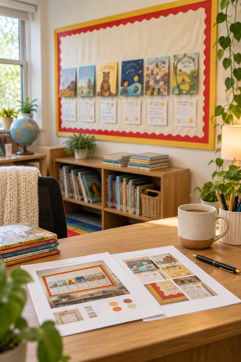 A complete reading bulletin board in a classroom with a stack of extra books on a shelf below.