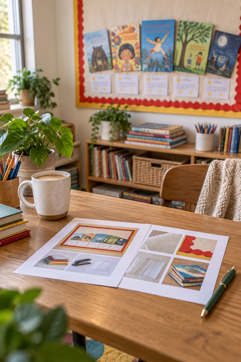 A printed two-page bulletin board setup sheet resting on a wooden desk with a coffee mug.