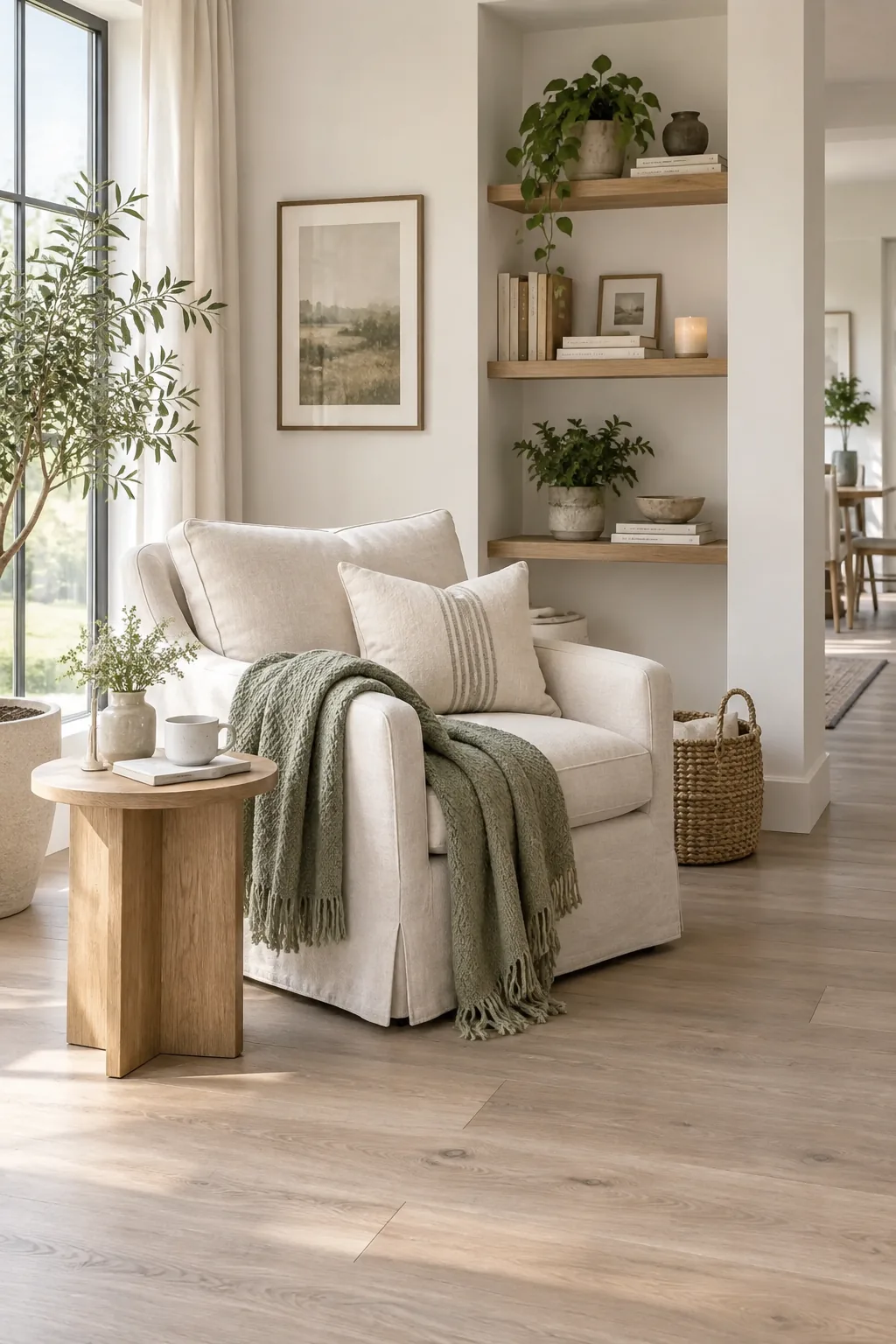 Oversized armchair with round side table in corner