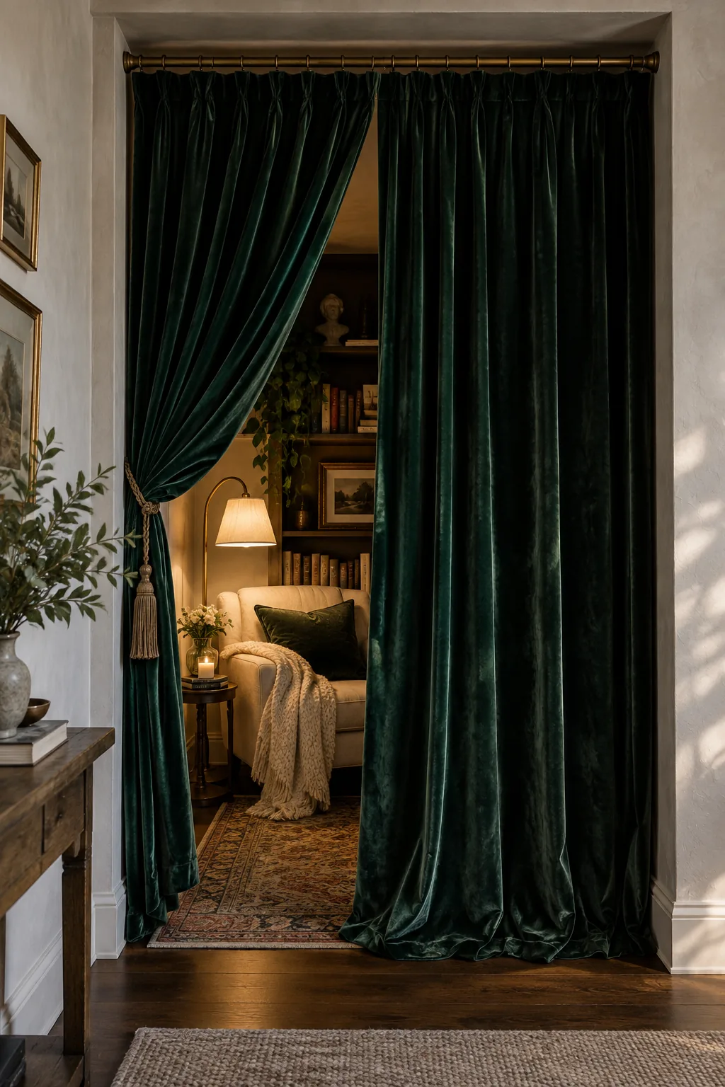 Velvet curtain pulled across a small reading alcove