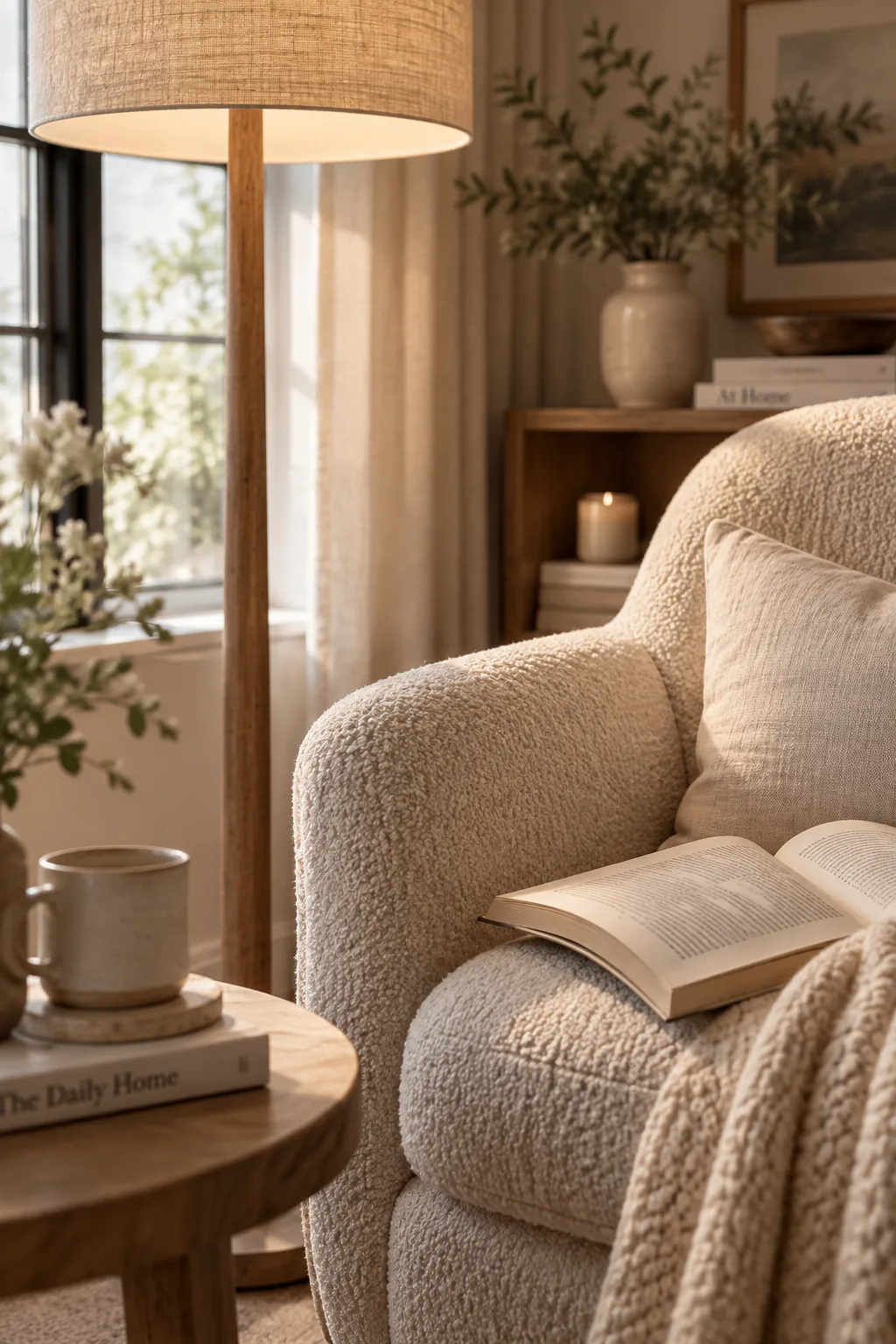 Brass floor lamp positioned behind a reading chair