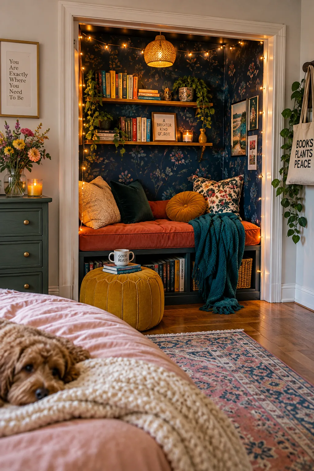 Closet converted into reading nook with dark wallpaper
