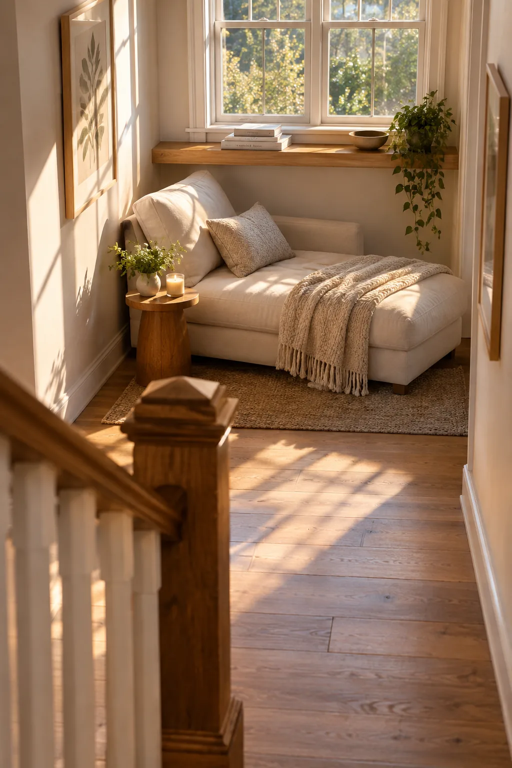 Chaise lounge under a window on staircase landing