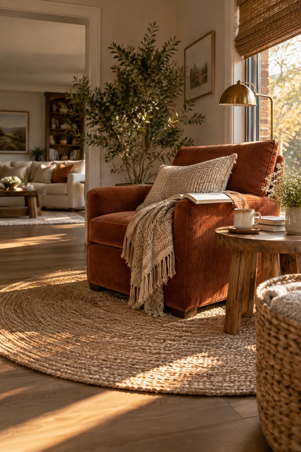 Round jute rug under a single reading chair