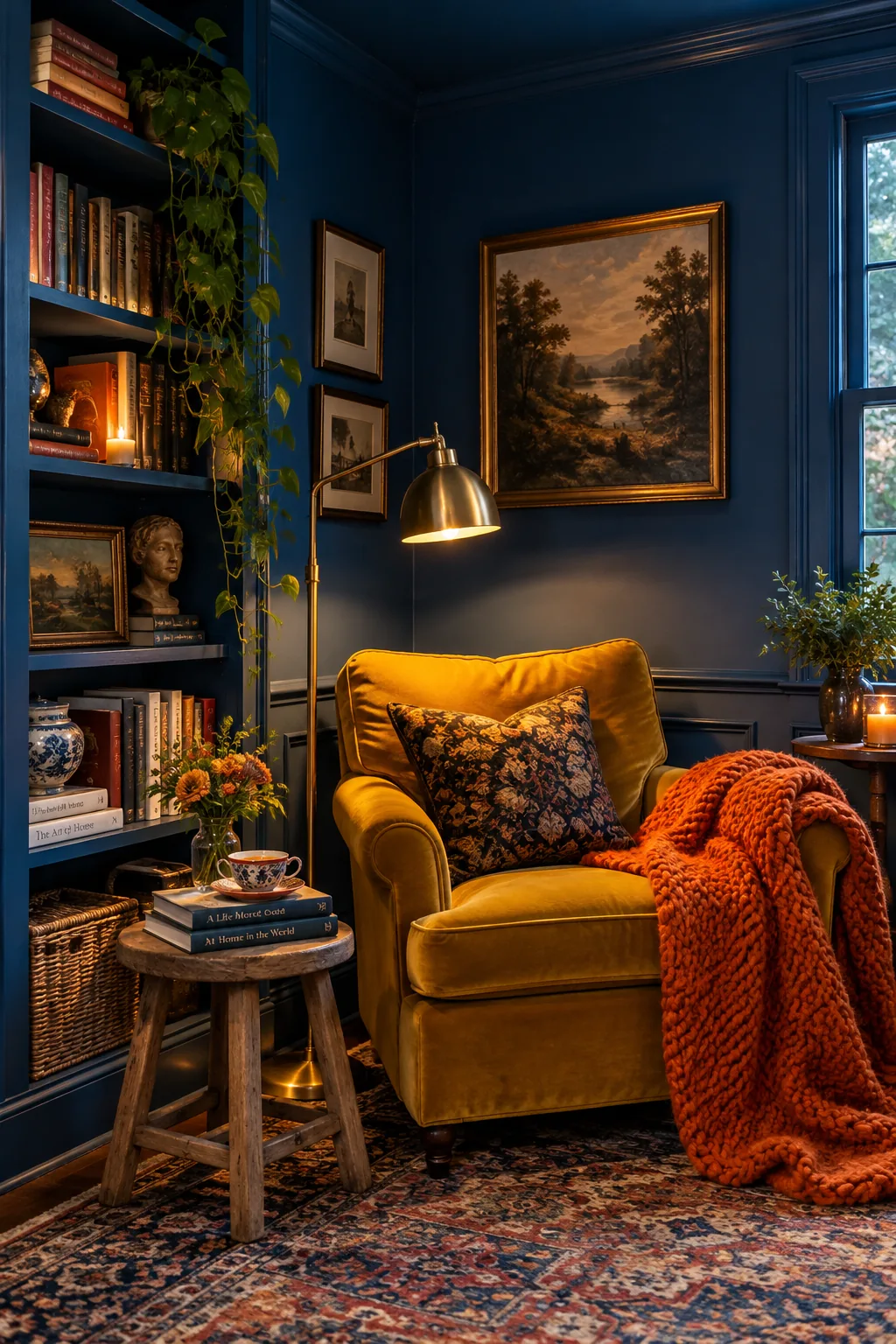 Dark green painted corner with a leather armchair