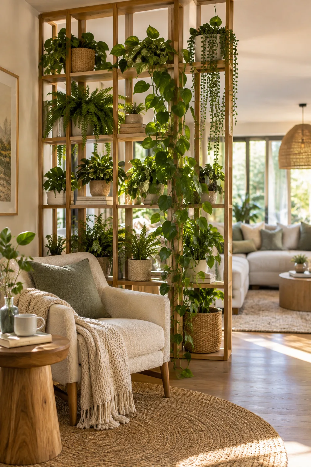 Tall indoor tree separating a chair from living room