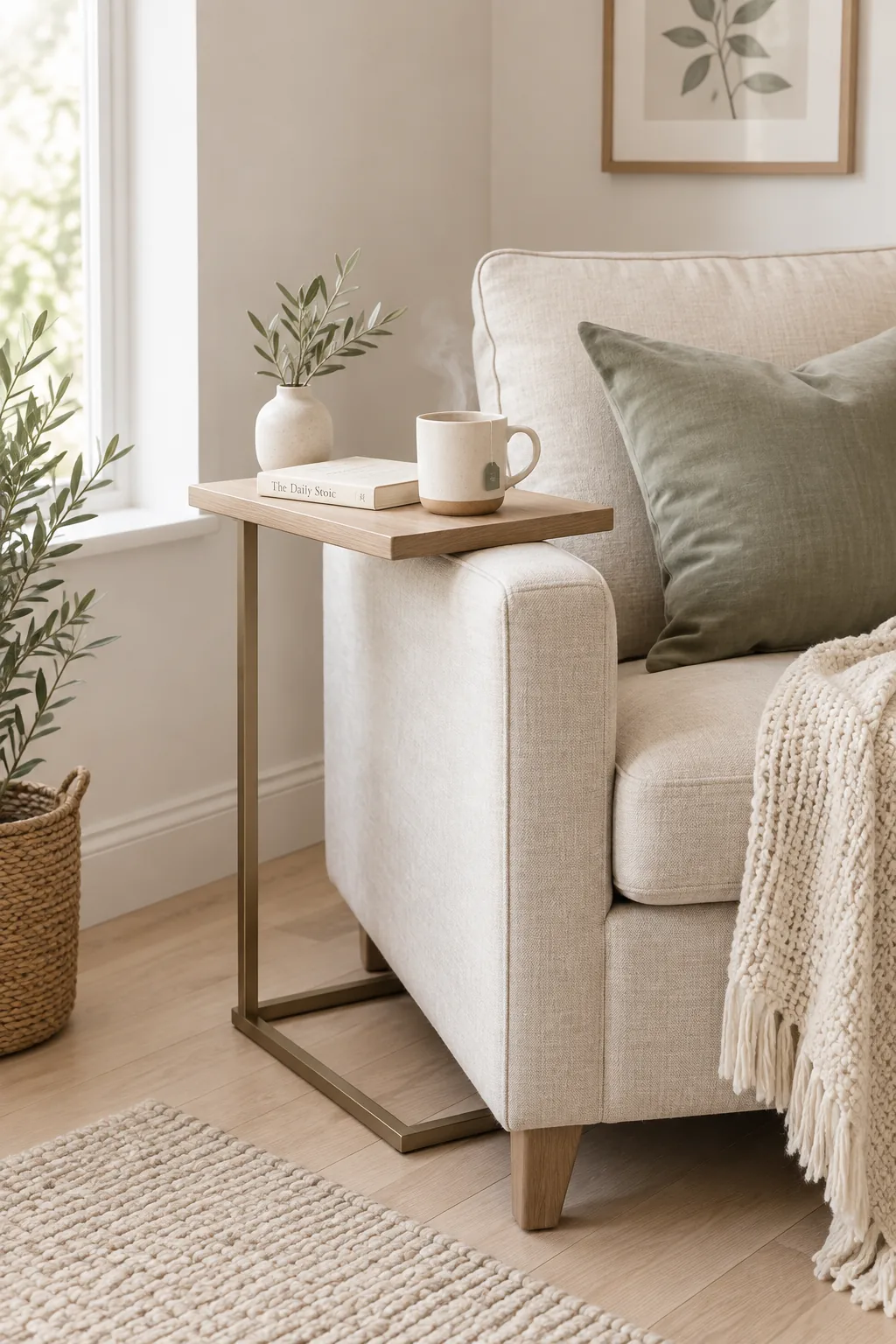 Slim drink stand next to a reading chair