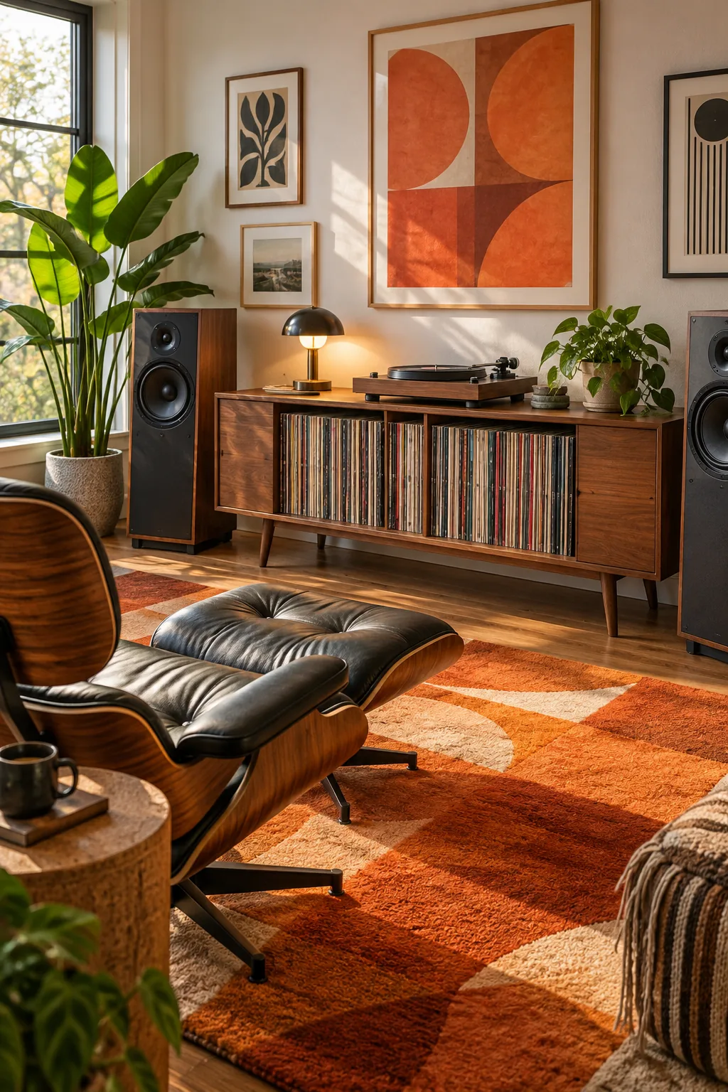 Mid-century modern listening room with a teak console, orange rug, and black leather chair.