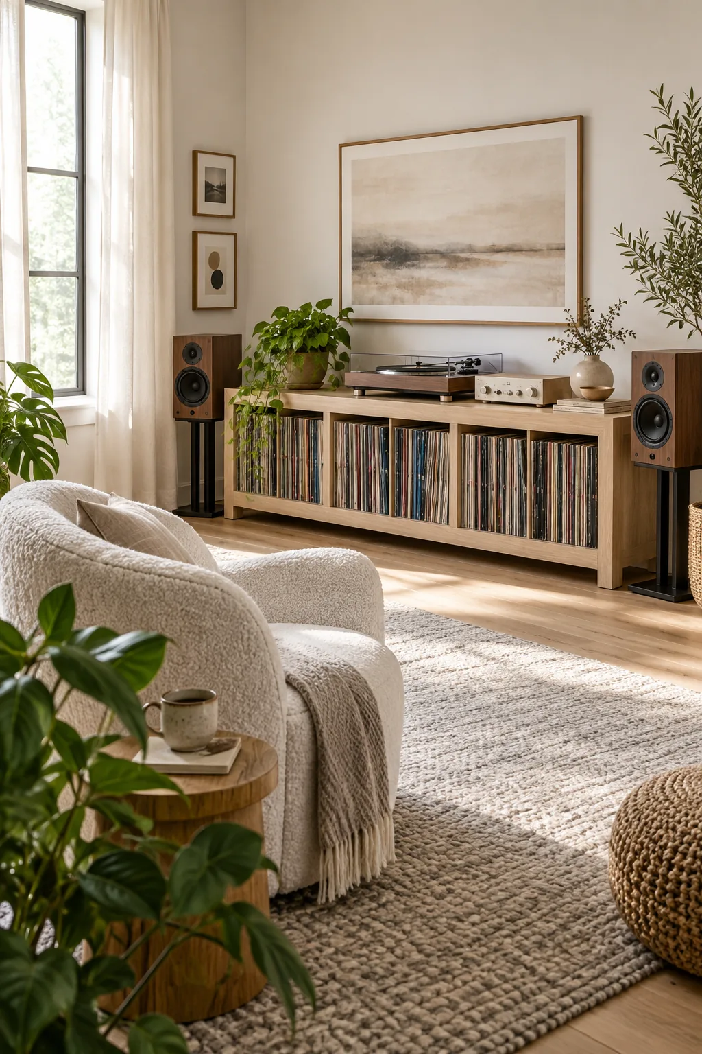Scandinavian minimalist listening room with a white oak console, grey rug, and white boucle chair.