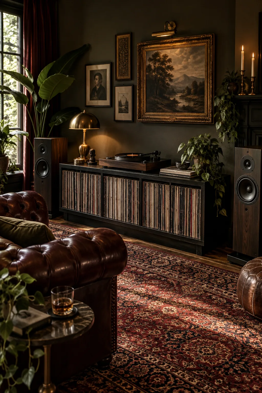 Moody vintage listening room with a black ash console, Persian rug, and oxblood leather chair.