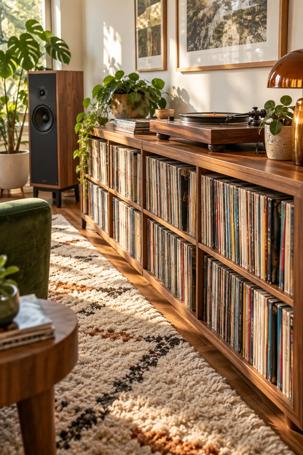 Thick walnut console shelf packed tightly with vinyl records.