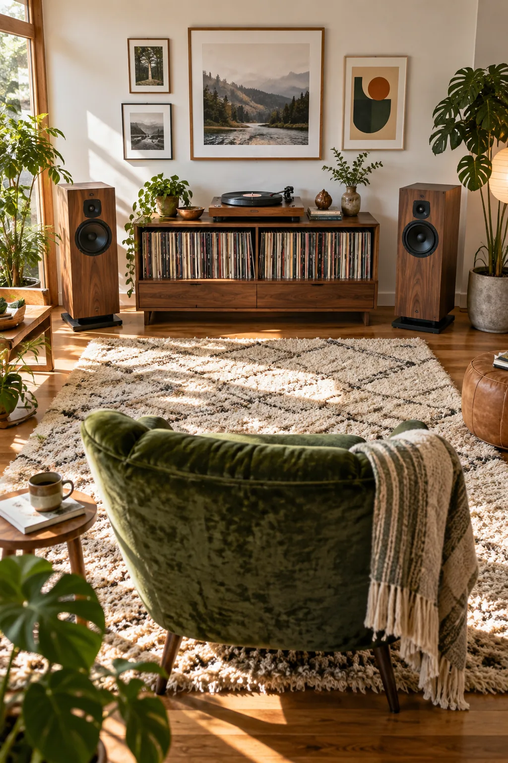 Two walnut speakers flanking a console in a symmetrical arrangement on a thick rug.