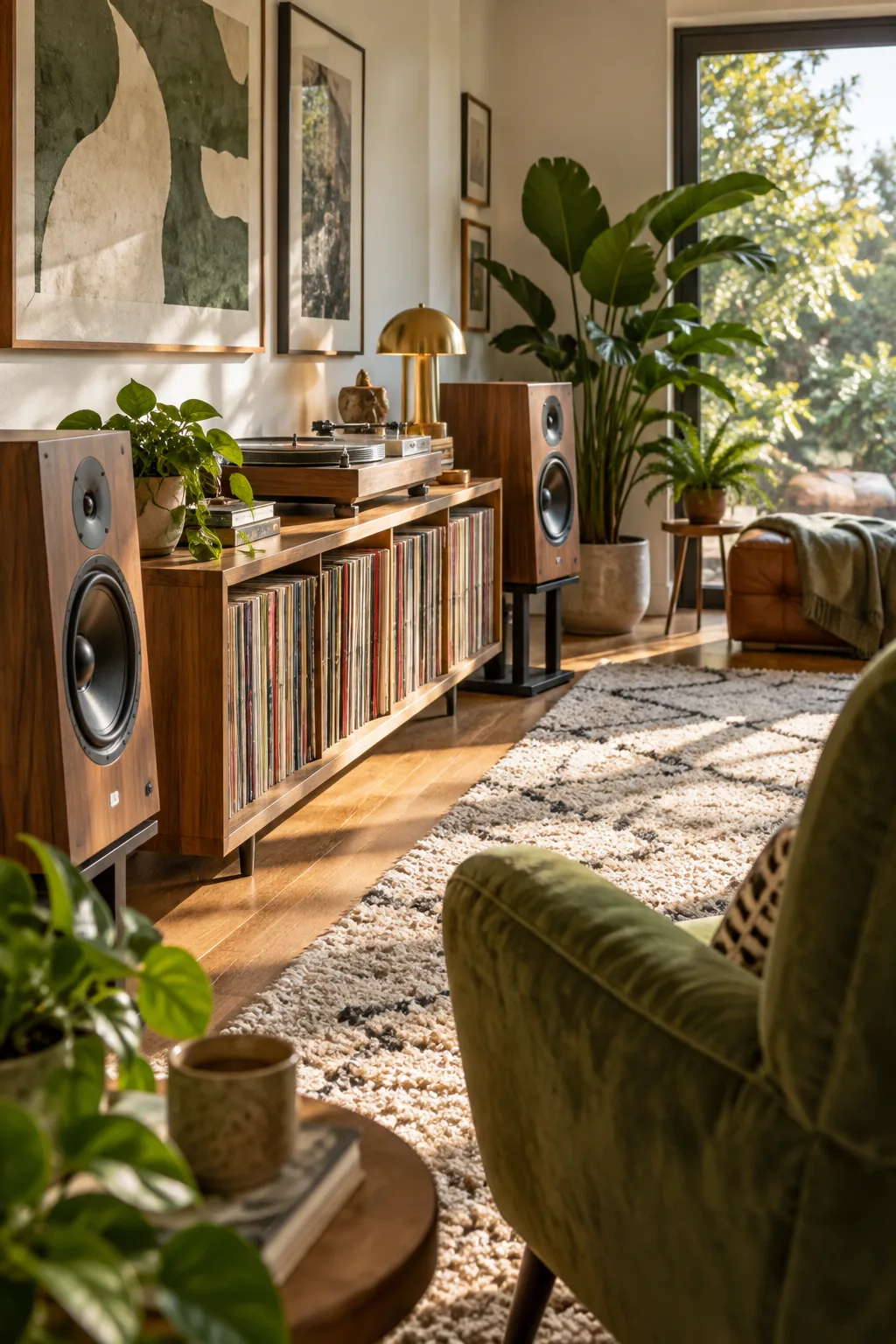 Green velvet armchair facing a thick rug and audio setup.