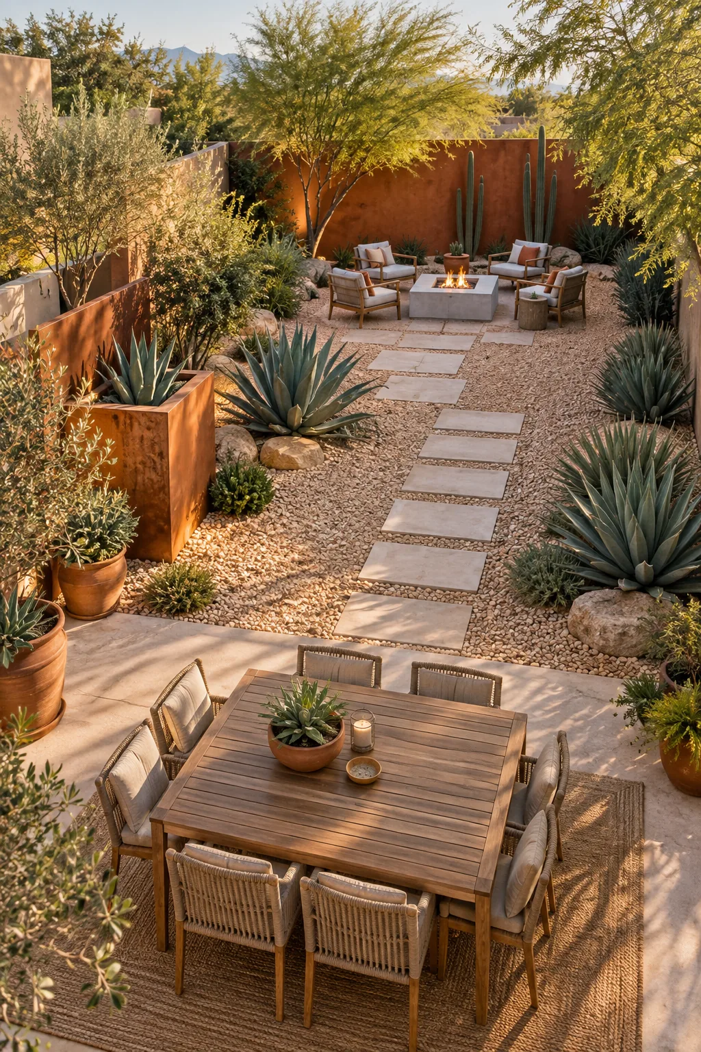 A modern desert backyard layout with crushed gravel, agave plants, and a concrete fire pit.