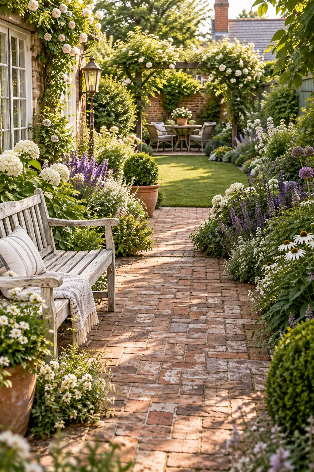 An English cottage style backyard with brick paving, lush flower borders, and a white bench.
