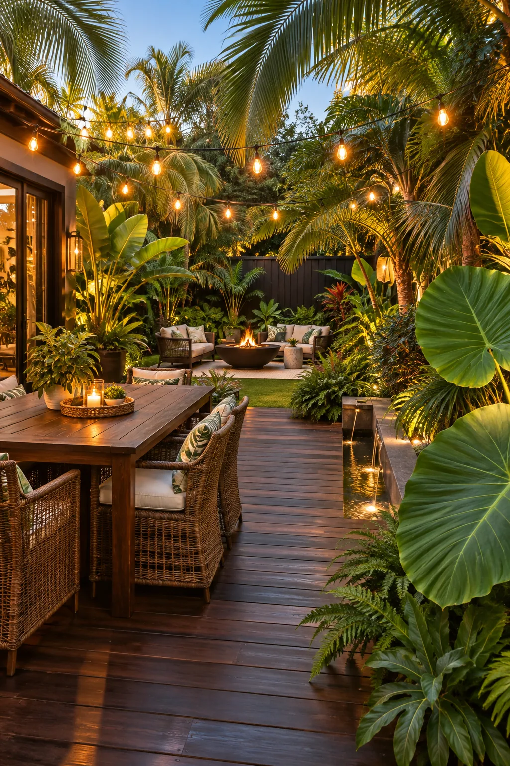 A tropical oasis backyard with large foliage, dark wood decking, and warm string lights.