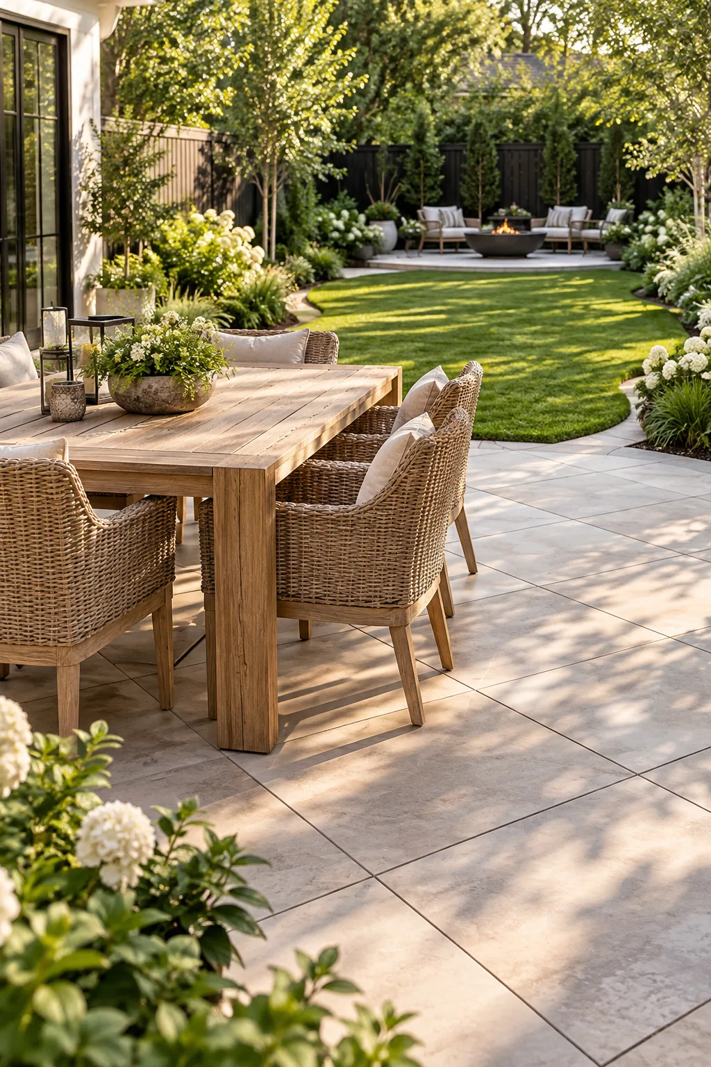 Elevated view of a rectangular backyard showing three distinct zones: a patio, a middle lawn, and a back fire pit area.