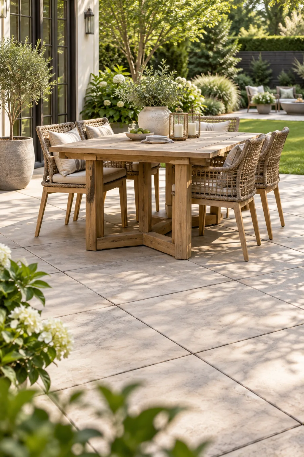 Large square patio pavers laid in a diagonal pattern beneath a wooden outdoor dining table.