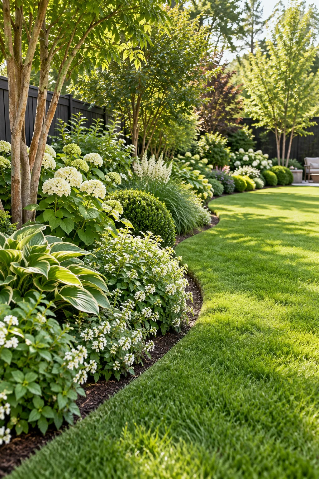 A smooth, curved border separating a stone patio from a vibrant green lawn.