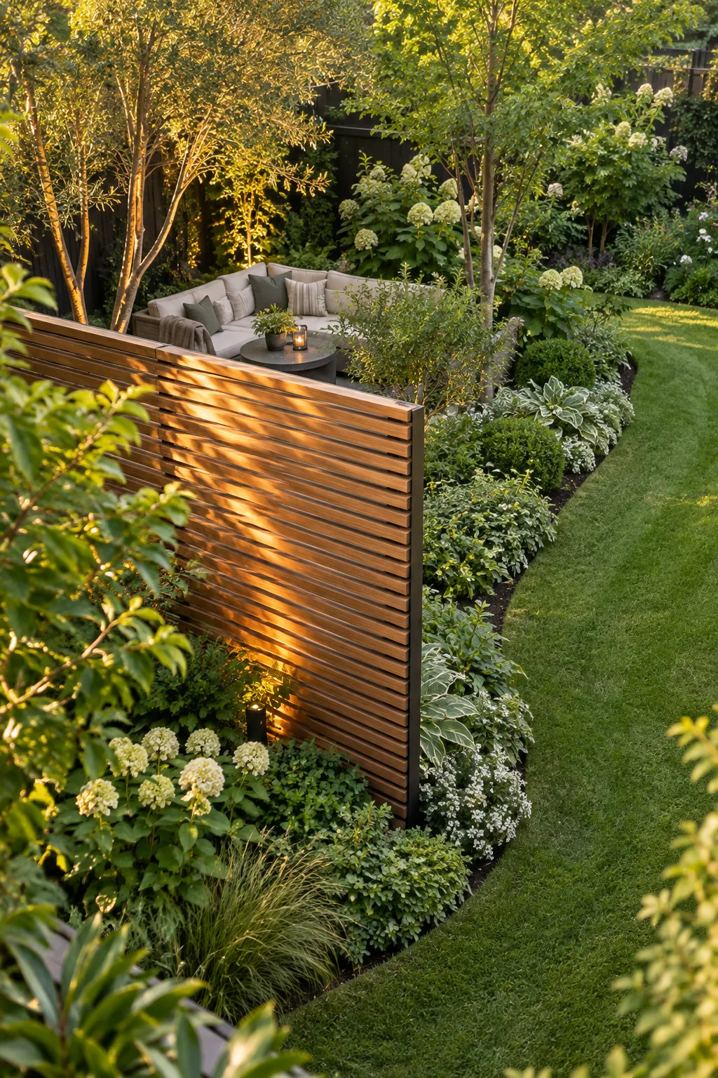 A deep garden bed filled with layered trees, shrubs, and flowers pushing into a curved lawn.