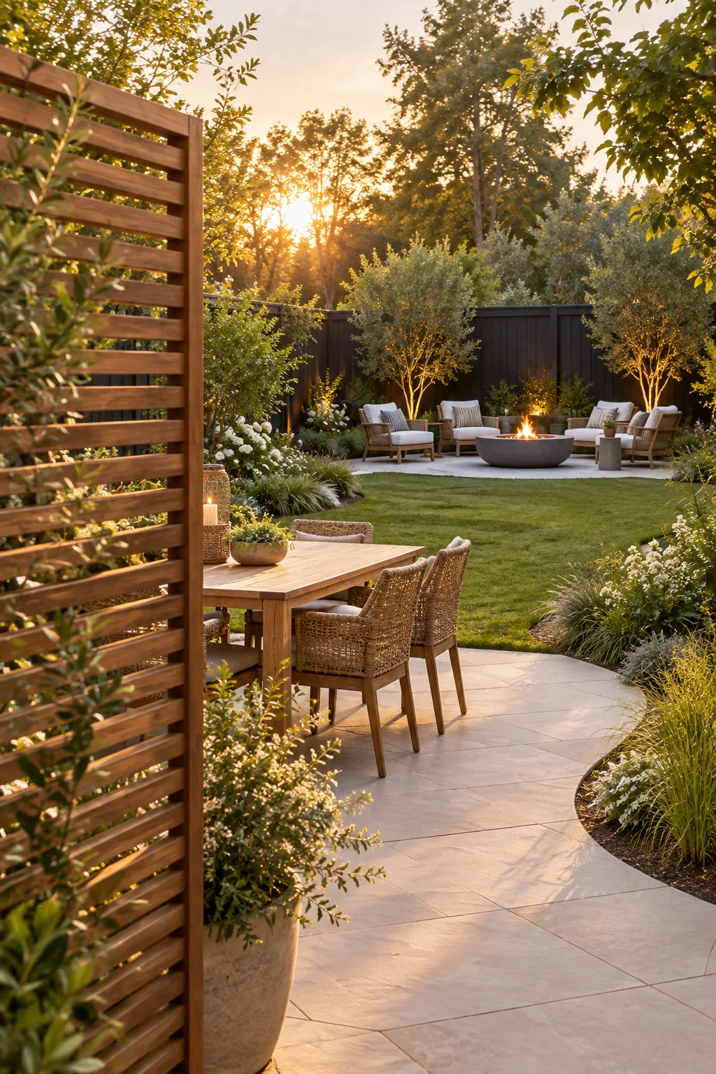 A slatted wood privacy screen partially hiding a cozy garden seating area behind it.