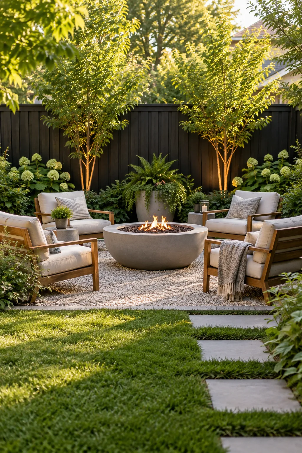 A modern outdoor lounge area with a fire pit set against a matte black wooden fence.