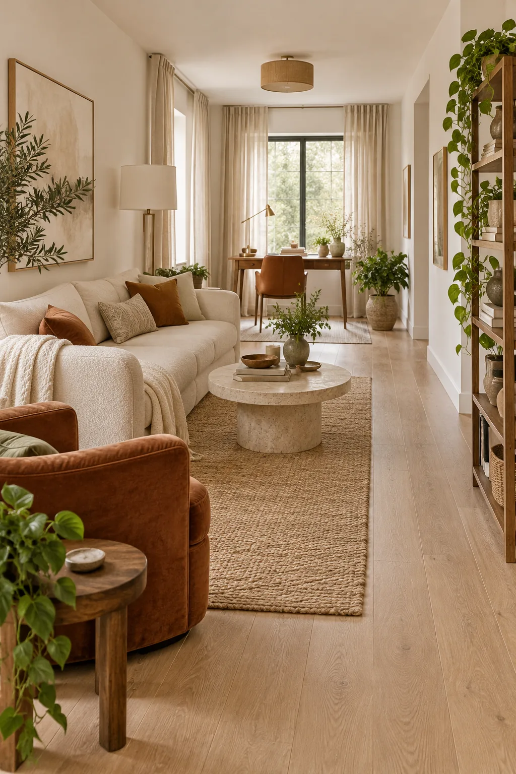A narrow living room styled in modern organic neutral tones with a cream boucle sofa and stone table.