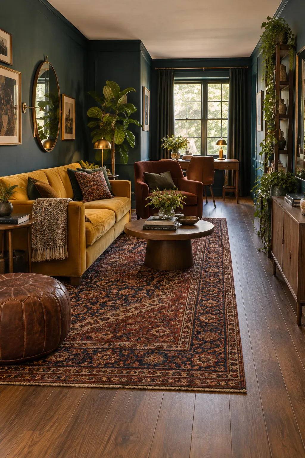 A narrow living room with dark teal walls, a mustard velvet sofa, and a vintage Persian rug.