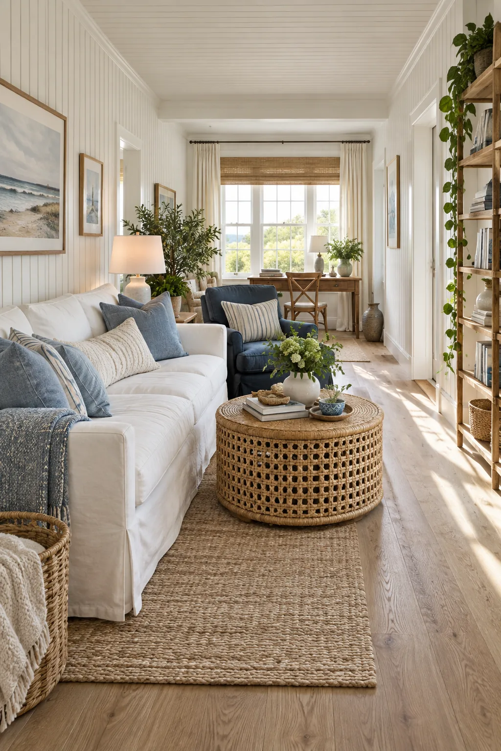A narrow coastal living room with a white slipcovered sofa, rattan coffee table, and blue accents.