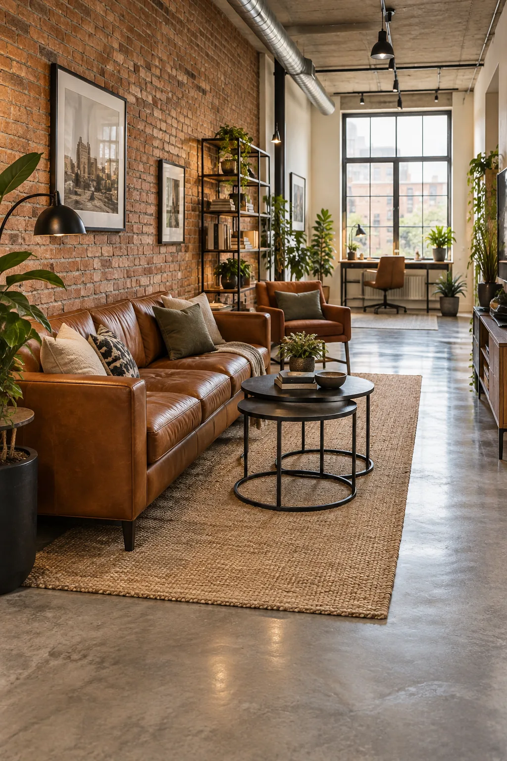 An industrial narrow living room with exposed brick, a cognac leather sofa, and concrete floors.