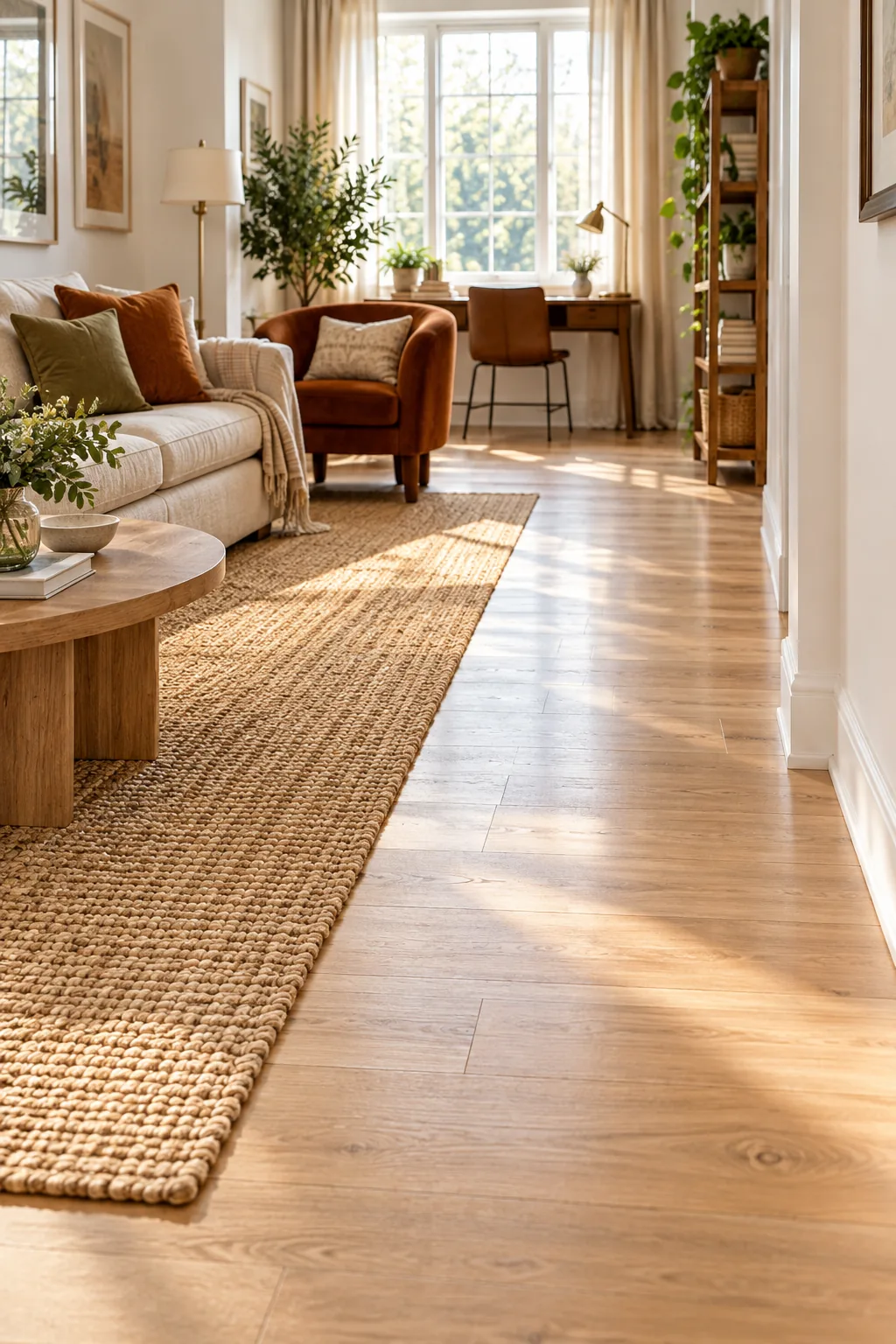 A clear, unobstructed pathway on light oak flooring running along the right side of a living room.