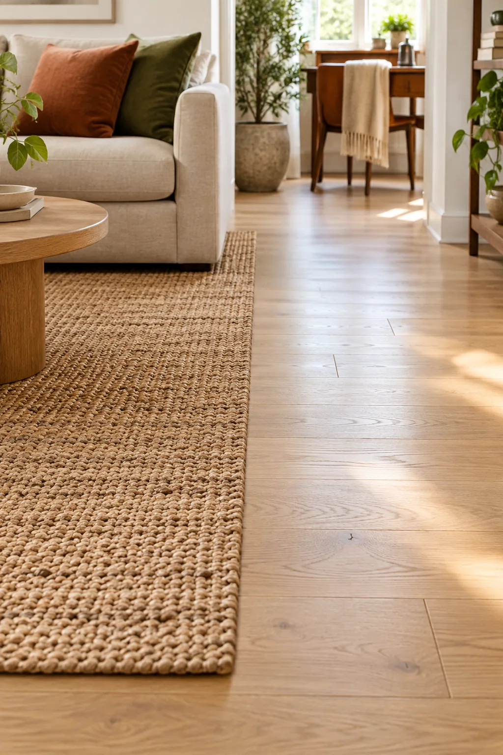 Close-up of a textured jute rug ending in a straight line against bare light oak floorboards.