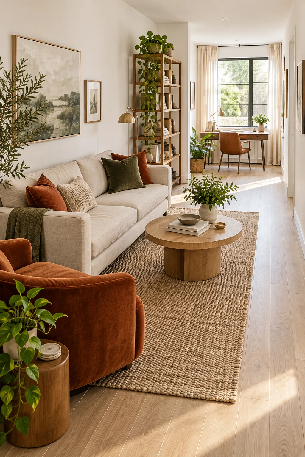 A shallow beige sofa with track arms and colorful throw pillows placed against a white living room wall.