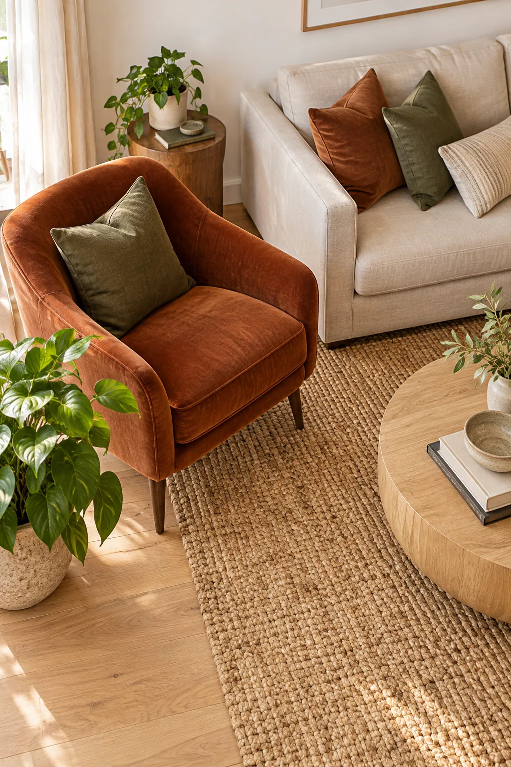 Overhead view of a round wooden coffee table styled with books, positioned in front of a beige sofa.